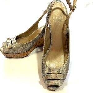Stuart Weitzman Jean Natural Snake Peep-Toe Platform Cork Wedge Sandals Sz 6.5